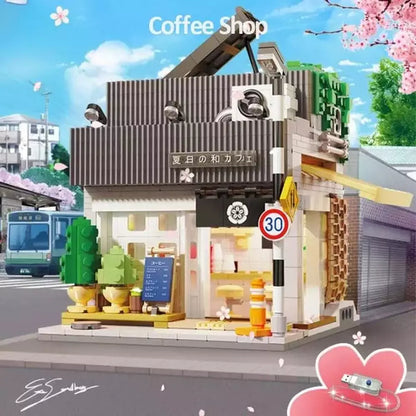 Custom MOC Same as Major Brands! 1116 PCS Japanese Style City Street View Architecture Building Blocks Brick Toy Coffee House Model with Light Kids  LED