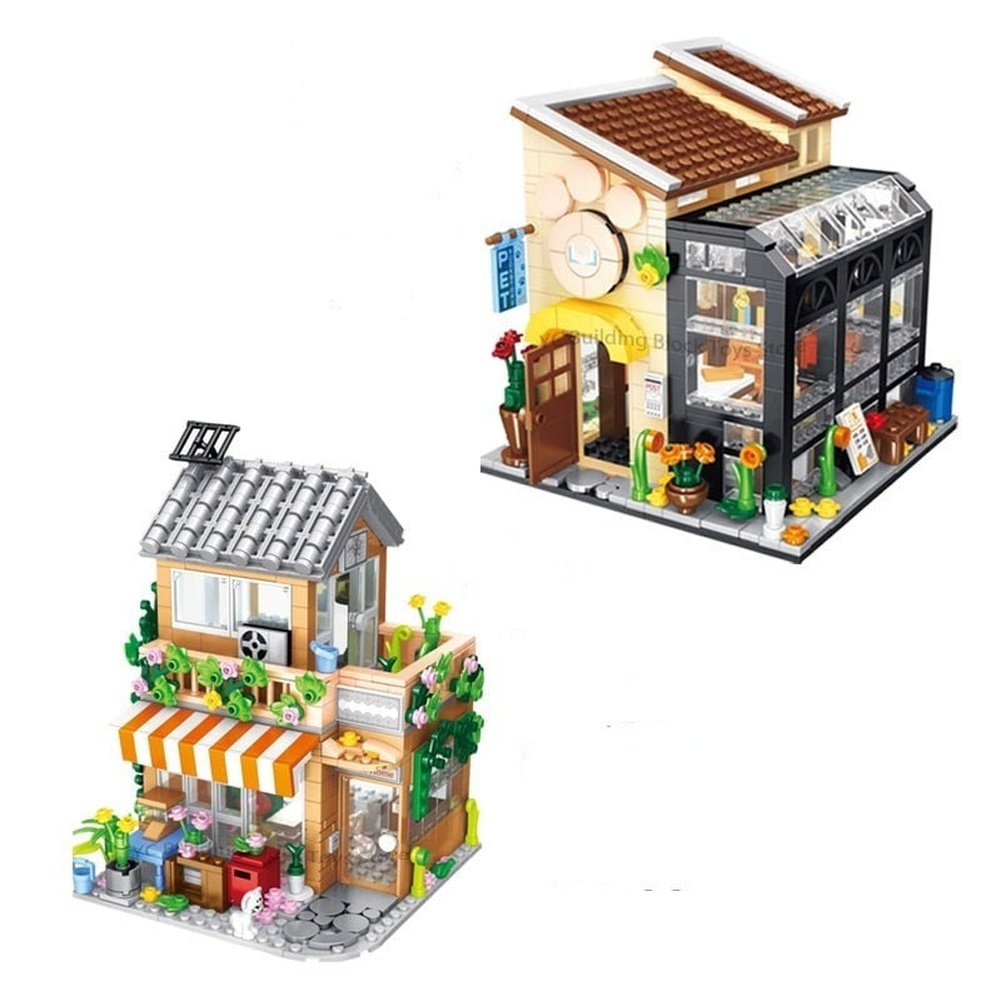 Custom MOC Same as Major Brands! City Street View Creative Coffee Shop House Flower Shop Building Block DIY Architecture Bricks Light Sets Kids Toys Girls