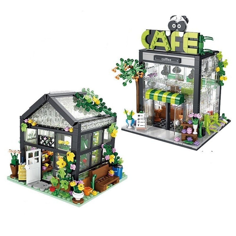 Custom MOC Same as Major Brands! City Street View Creative Coffee Shop House Flower Shop Building Block DIY Architecture Bricks Light Sets Kids Toys Girls