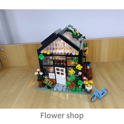 City Street View Creative Coffee Shop House Flower Shop Building Block DIY Architecture Bricks Light Sets Kids Toys Girls Gifts Jurassic Bricks