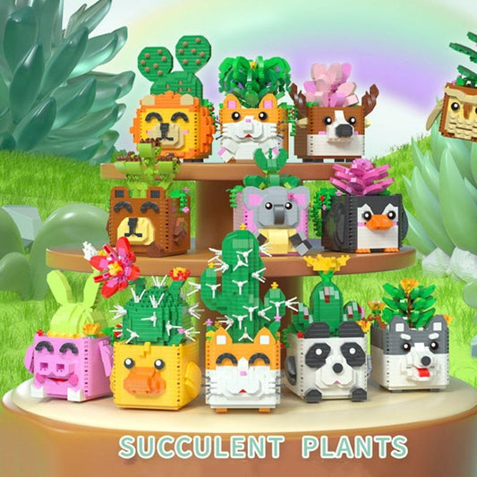DIY Building Blocks Mini Potted Flowers Cute Ornaments Cartoon Panda Cactus Model Bricks Children&#39;s Educational Toys Boy Gift 