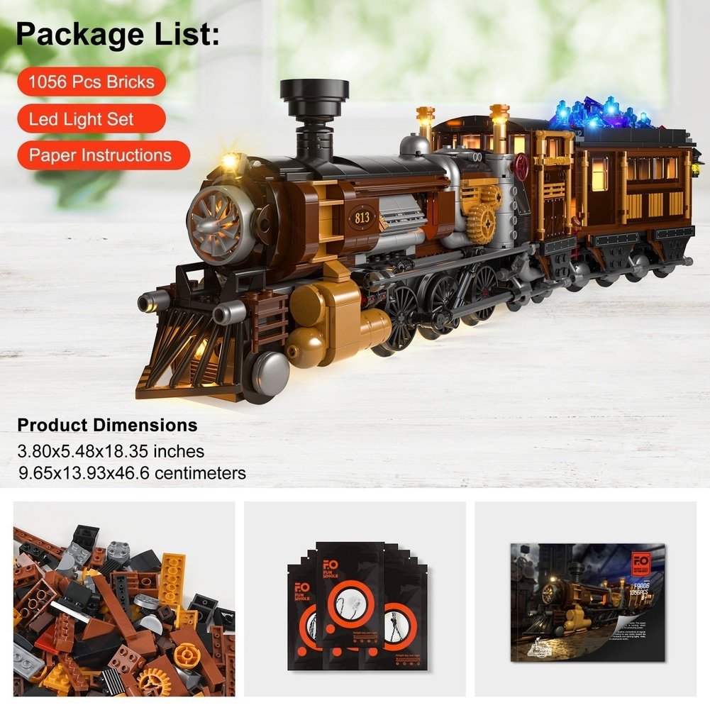 Custom MOC Same as Major Brands! Steampunk Ore Train LED Light Building Blocks, Building Bricks Set -1056 Pieces for Adults and Teens