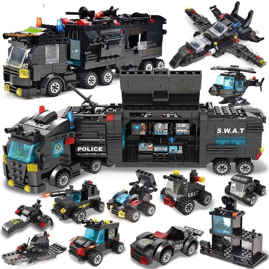H SWAT Police Station Truck Model Building Blocks City Machine Helicopter Car Figures Bricks Educational Toy For Children Jurassic Bricks