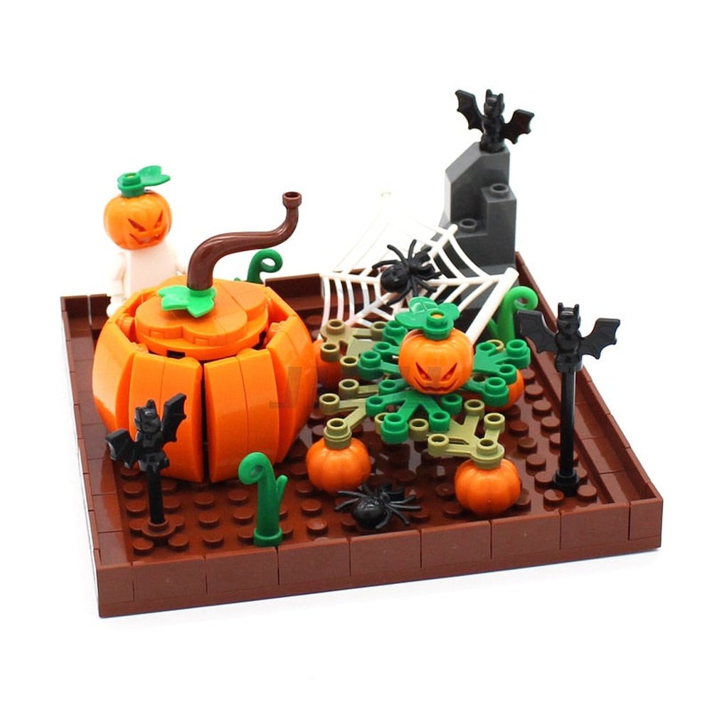 Halloween Pumpkin Scene Model Set Building Blocks with Bat Black Spider Plants Decoration Accessories MOC Bricks Kid Toy Gifts Jurassic Bricks