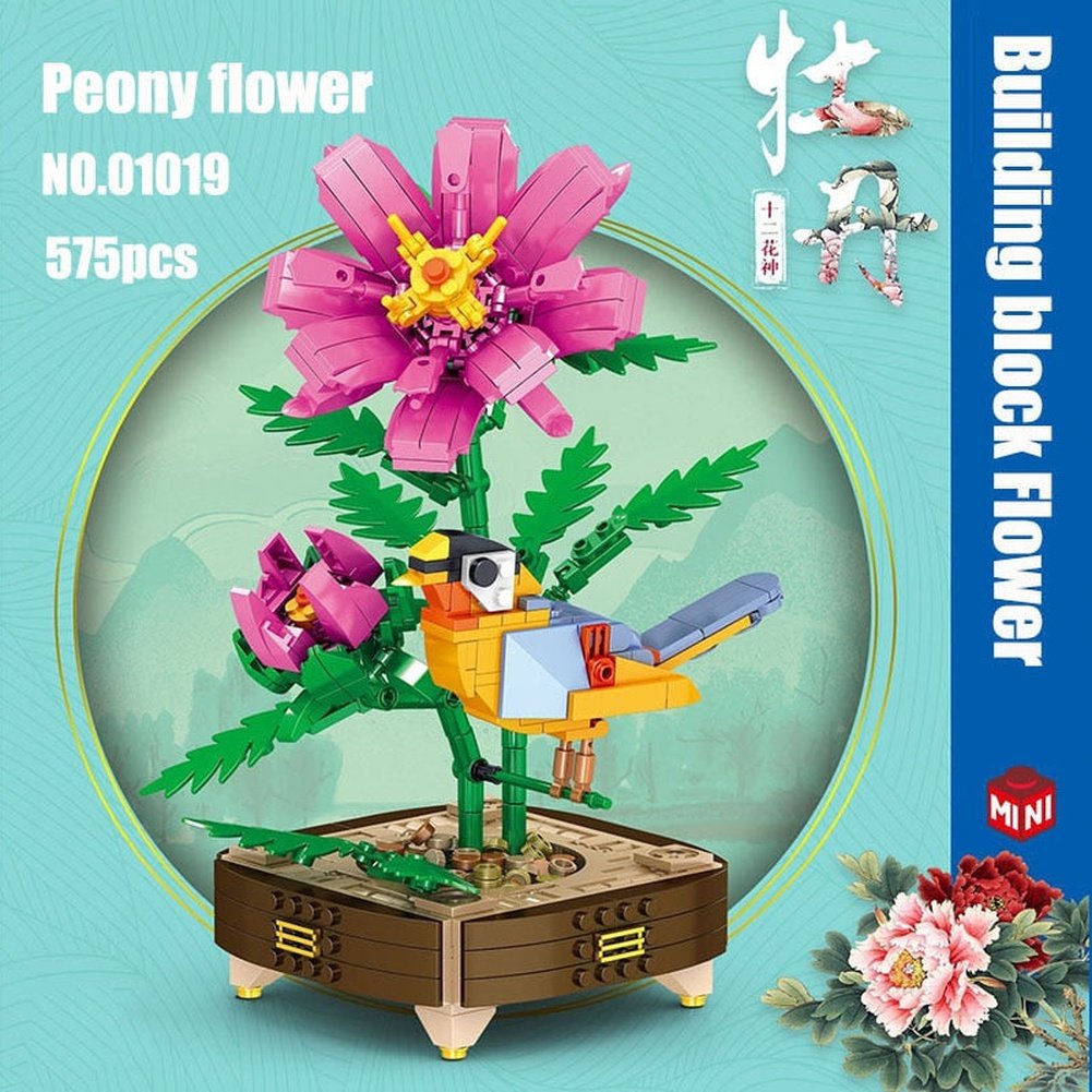 Mini Building Blocks Flower Peach Blossom Peony Flower Plum Bird Potted 3D Model Ornaments Children&#39;s Educational Toys Girl Gift Jurassic Bricks