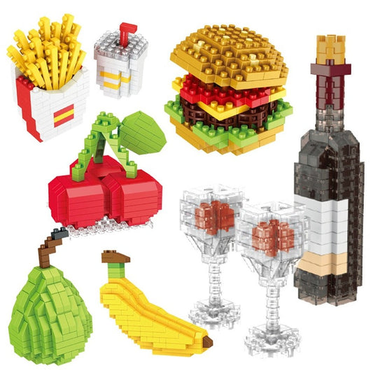 Mini Food Fast Food Fruit 3D Model Building Blocks DIY Wine Burger French Fries Hot Dog Cake Puzzle Assembly Toy Boy Girl Gift Jurassic Bricks