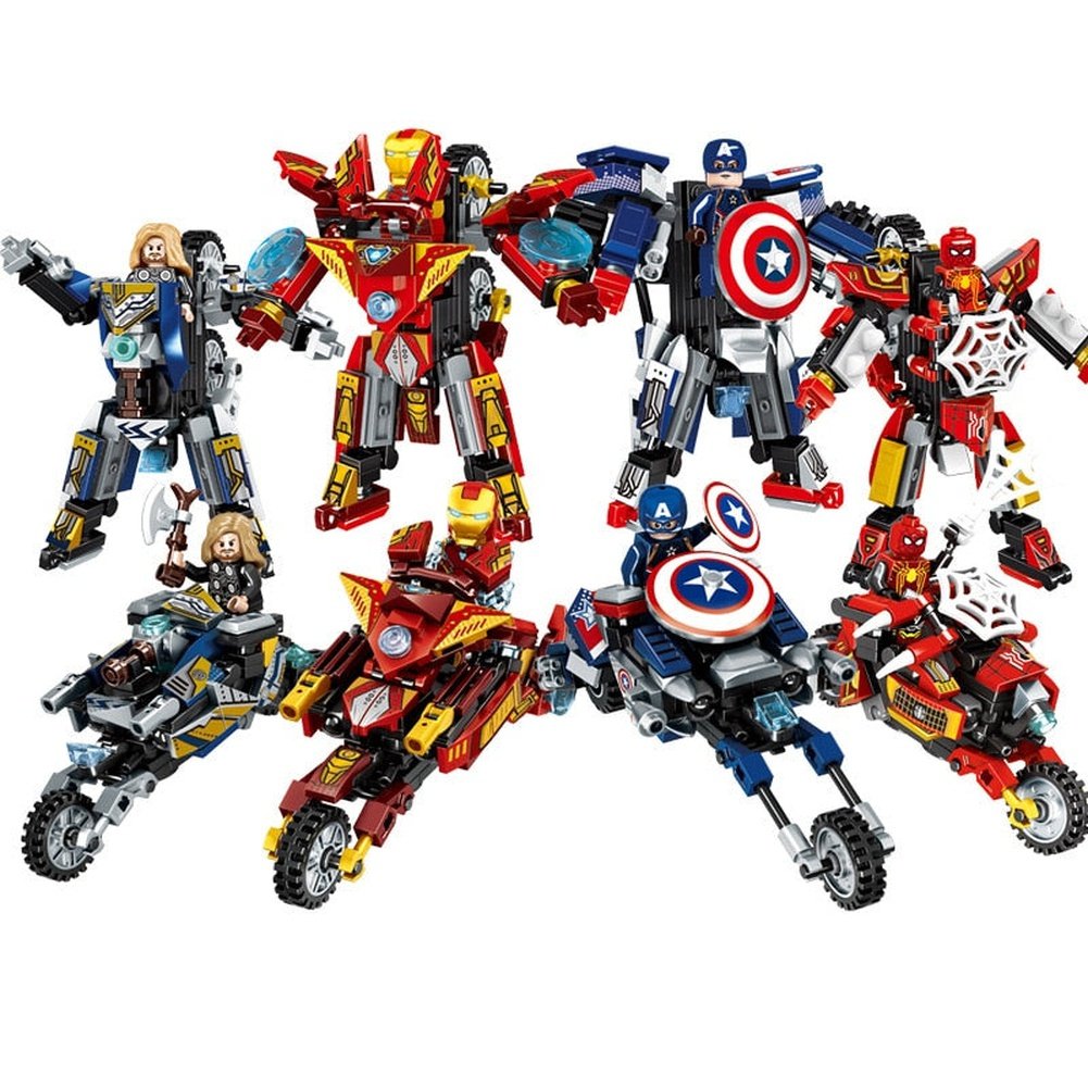 Custom MOC Same as Major Brands! 2 IN 1 Super Hero Movie Avengers Clan Transforming Mecha Motorcycle Model Building Blocks Bricks Sets Classic Dolls Kids Toys Gits