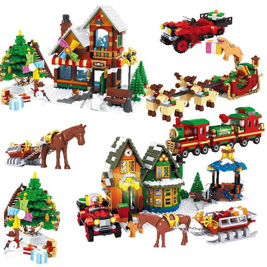 Winter Christmas Village Block Set DIY Mini Train Santa Claus Sled Post Office Toys Store Tree Building Bricks For Kids Xmas Jurassic Bricks